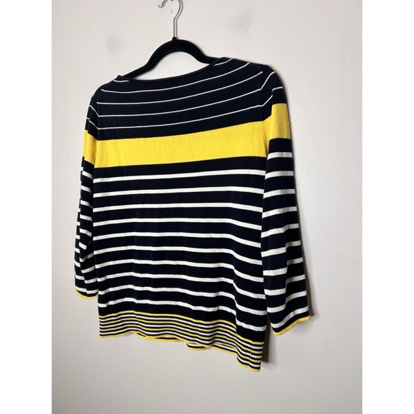 Talbots Navy Blue Yellow And White Striped 3/4 Sleeve Sweater Size Medium - Picture 8 of 9